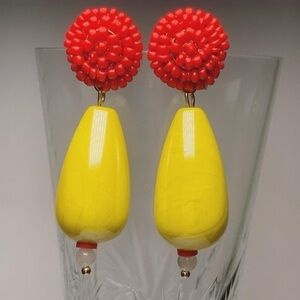 Red beaded dangling yellow Bead earrings